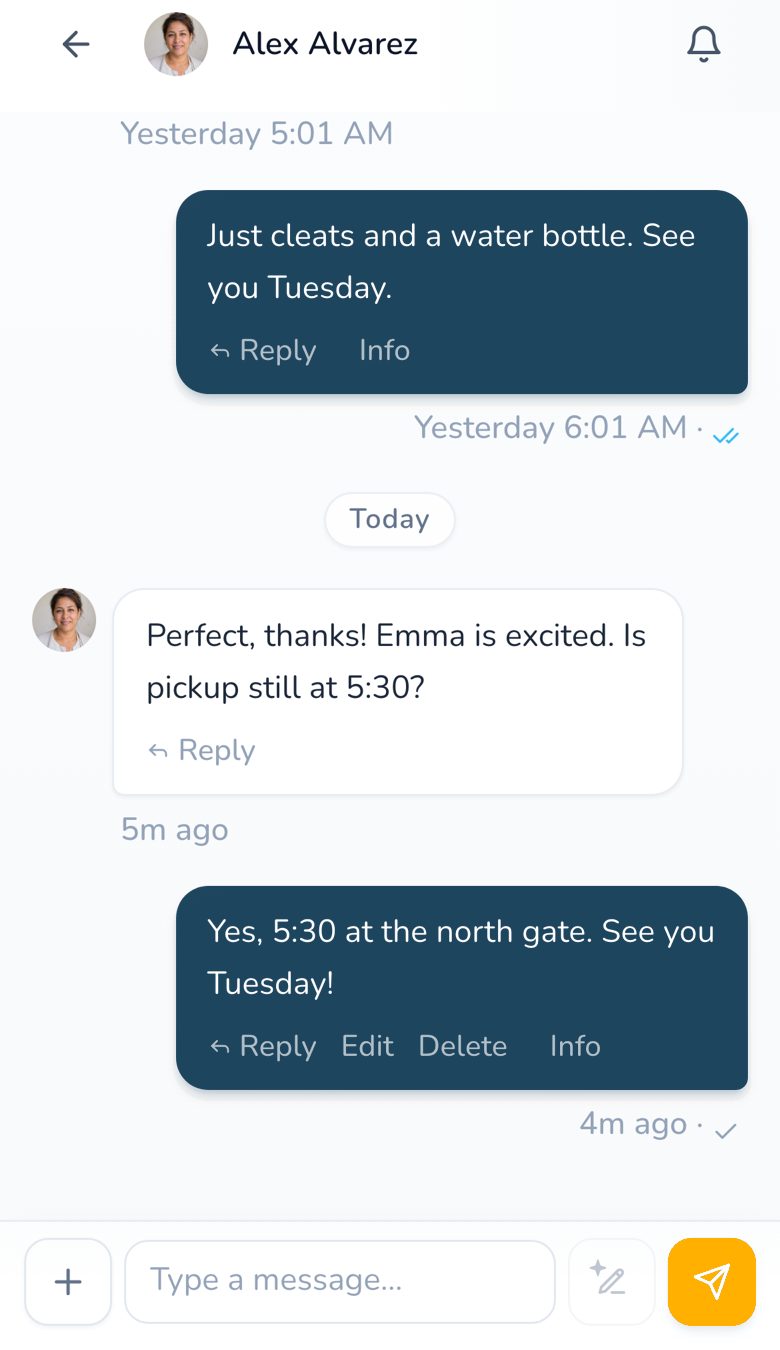 Team chat in the Zoyo app: a coach and a parent confirm practice details